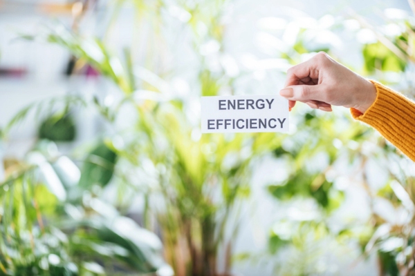 woman holding card that says energy efficiency