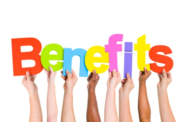 BENEFITS word spelled using cutout letters held up by different hands