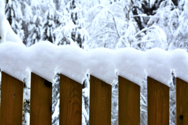 snowfall on top of the wooden fence