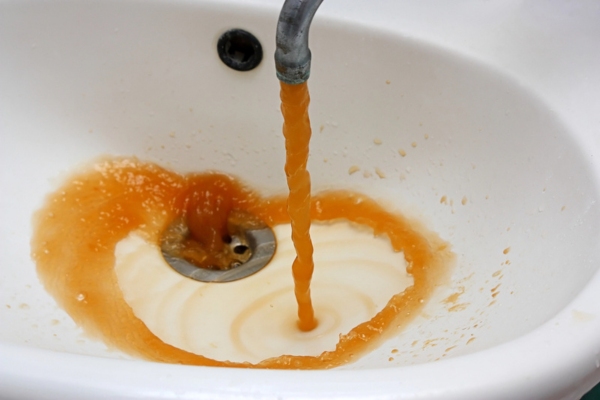 Rusty water running from a bathroom faucet
